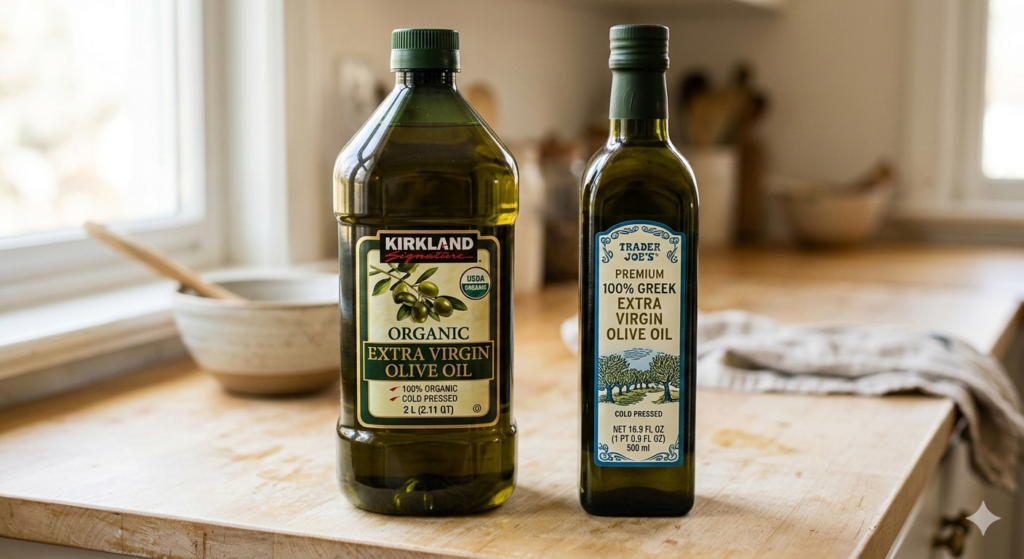 A side-by-side comparison of Kirkland Signature 2L Organic Olive Oil and Trader Joe's Premium Greek Extra Virgin Olive Oil on a kitchen counter.