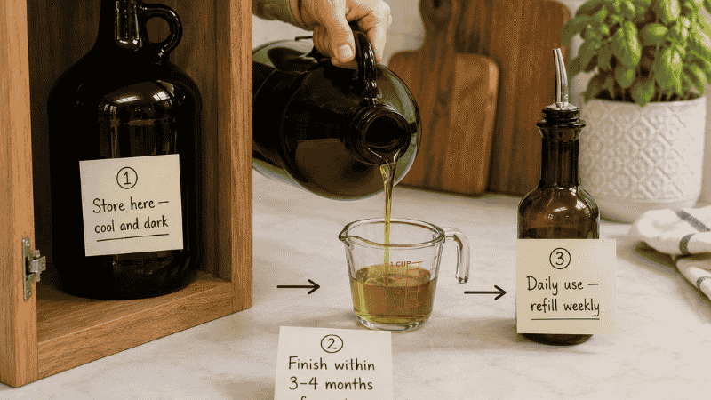 Three-step system for using a Costco 2-liter olive oil jug — large jug stored in cool dark cabinet, being decanted into a measuring cup, then poured into a small dark glass cruet for daily counter use
