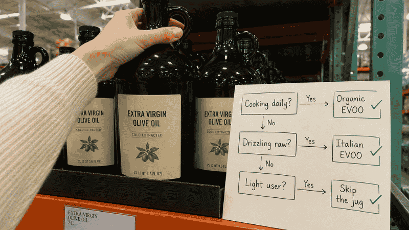 Hand reaching for a 2-liter Costco olive oil jug beside a handwritten decision flowchart card — the 60-second buying guide for choosing the right Costco olive oil option