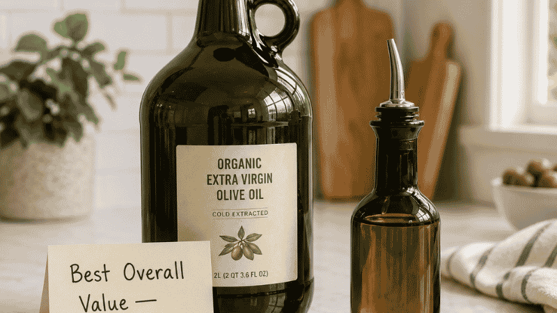 Large 2-liter Costco organic extra virgin olive oil jug beside a small dark glass cruet with a handwritten best overall value verified EVOO card — Kirkland Organic EVOO review