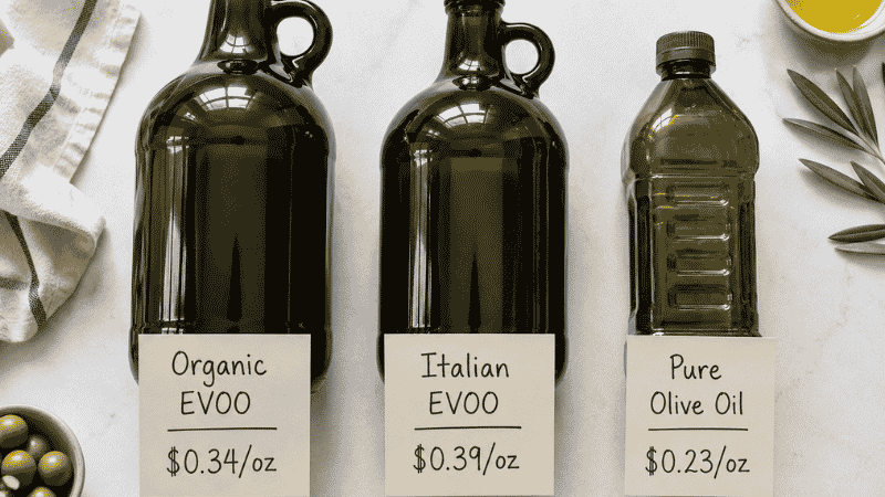 Three Costco olive oil jugs side by side showing organic EVOO at $0.34 per oz, Italian EVOO at $0.39 per oz, and pure olive oil at $0.23 per oz — price per ounce comparison of main Costco olive oil options