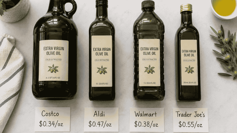 Four olive oil bottles from Costco, Aldi, Walmart, and Trader Joe's side by side with price-per-ounce tags — is Costco olive oil worth it compared to other major retailers