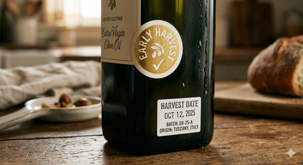 Close-up of a dark green olive oil bottle featuring a gold Early Harvest seal and a clear October 2025 harvest date stamp.