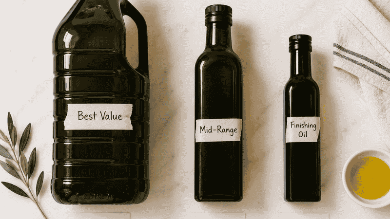 Three olive oil bottles representing three budget tiers — best value large jug, mid-range standard bottle, and small premium finishing oil — with handwritten price-per-ounce labels for comparison