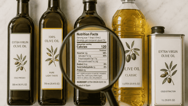 Five different olive oil bottles arranged on a counter with a magnifying glass over a label — a visual guide to buying extra virgin olive oil at the grocery store without getting fooled