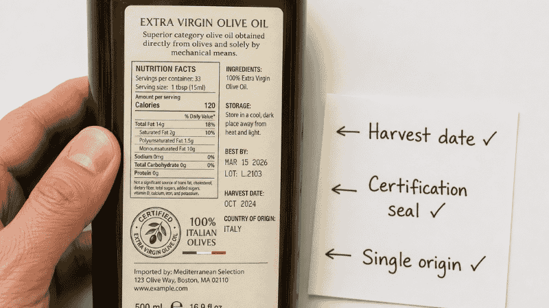 Close-up of an olive oil bottle back label being examined, with annotation cards pointing to the harvest date, certification seal, and single origin text — key things to look for when buying extra virgin olive oil