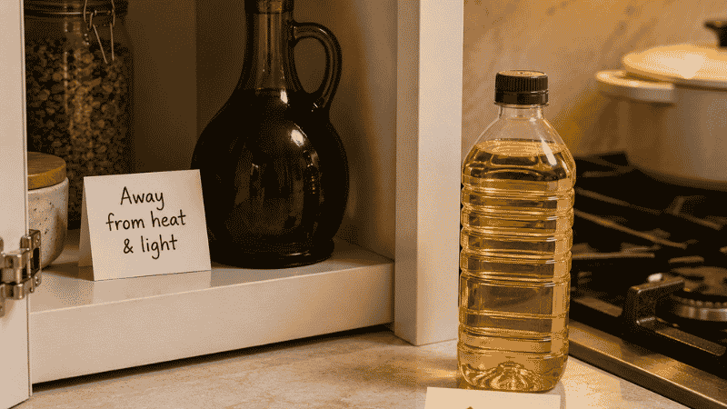 Correct olive oil storage — a dark glass cruet in a cool shaded cabinet with a note saying away from heat and light, contrasted with a clear plastic bottle incorrectly placed near a stove
