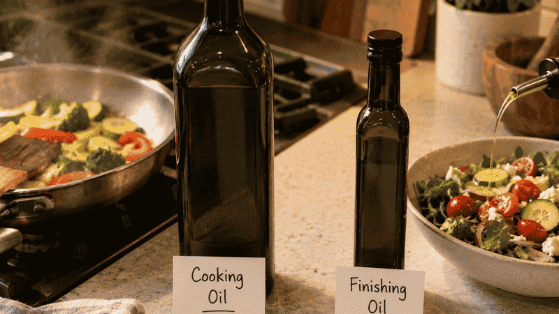 Two olive oil bottles side by side — a large cooking bottle beside a hot pan and a small finishing bottle beside a salad — illustrating the two-bottle strategy for using extra virgin olive oil without overspending