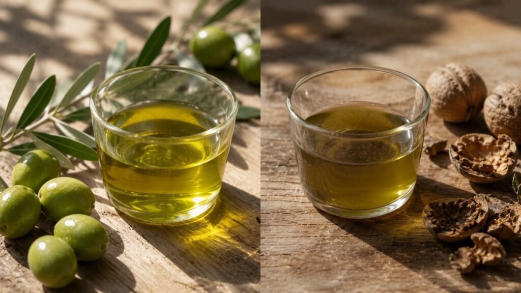 Fresh olive oil compared with rancid olive oil in clear tasting glasses
