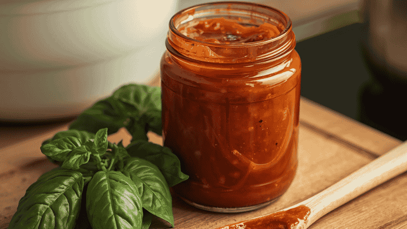 A realistic home kitchen scene featuring a jar of marinara sauce, fresh basil leaves, and a red-stained wooden spoon on a stovetop, illustrating how to make pasta sauce taste better.