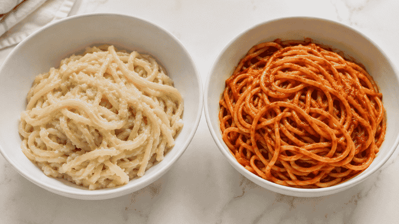 Side-by-side comparison of overcooked clumped pasta on the left versus perfectly cooked al dente spaghetti in sauce on the right — common pasta boiling mistakes and how to fix them