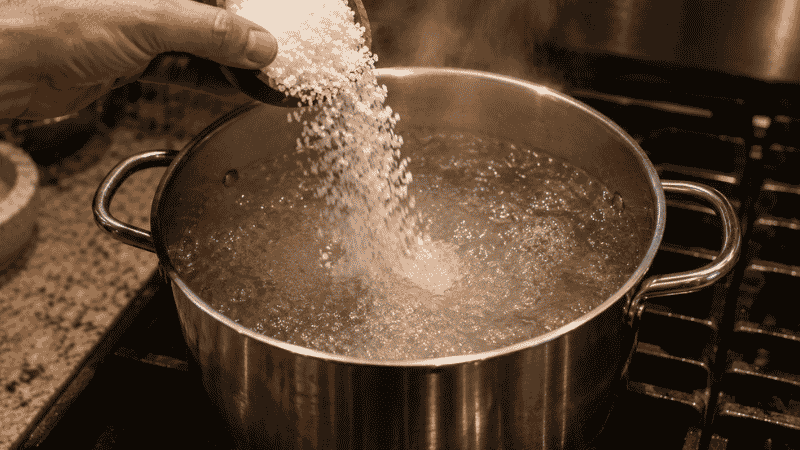 Kosher salt being poured into a large pot of boiling water — the correct way to salt pasta water before boiling pasta for maximum flavor
