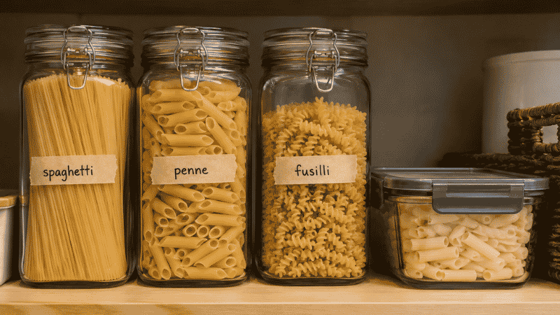 Pantry shelf with three labeled glass jars of dry pasta shapes beside a glass container of cooked leftover pasta — the correct way to store pasta both dry and cooked