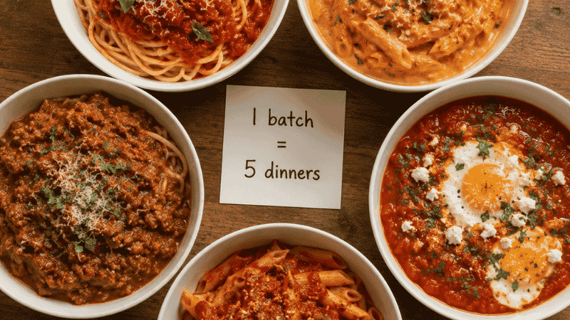 Five small bowls showing pasta sauce variations from one base recipe — classic marinara, vodka sauce, arrabbiata, shakshuka, and meat sauce — one batch making five different family dinners
