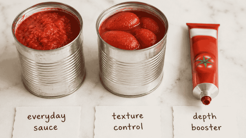 Three canned tomato products for pasta sauce making — crushed tomatoes, whole peeled tomatoes, and tomato paste — with handwritten labels showing when to use each type