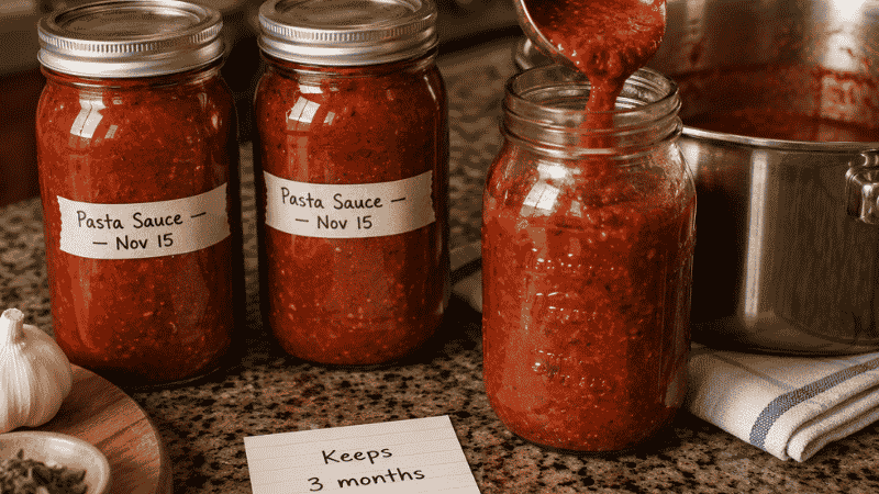 Two labeled glass mason jars of homemade pasta sauce ready for freezer storage, dated and sealed — homemade pasta sauce keeps frozen for up to 3 months