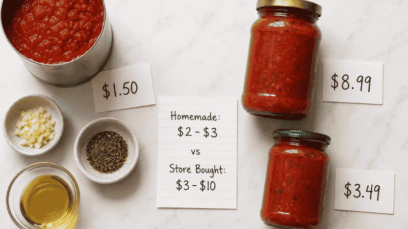 Cost comparison flat lay showing homemade pasta sauce ingredients for $2 to $3 versus jarred pasta sauce jars priced $3.49 to $8.99 — the budget case for making pasta sauce from scratch