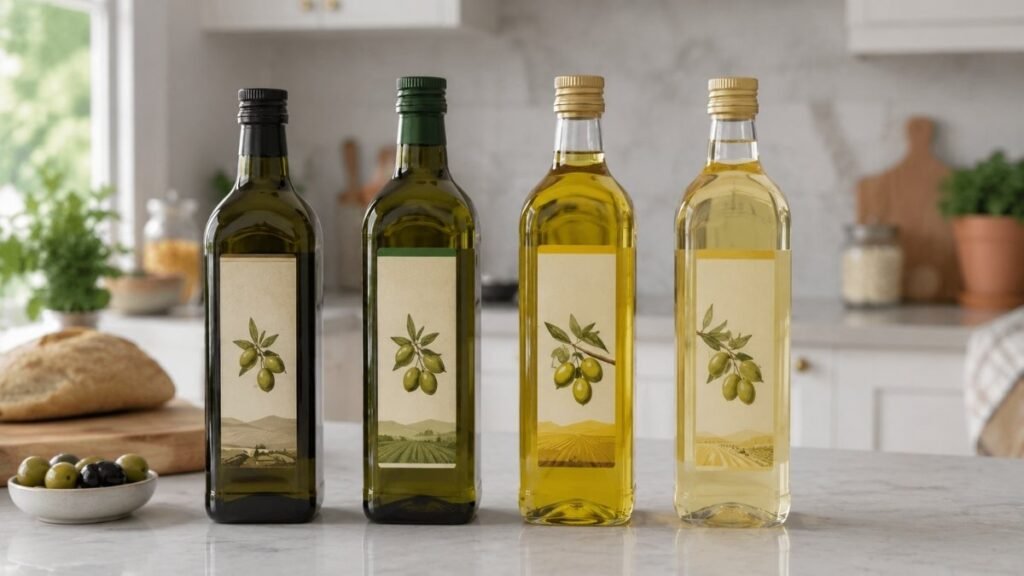 Different types of Kirkland olive oil bottles including extra virgin, organic, pure, and light olive oil
