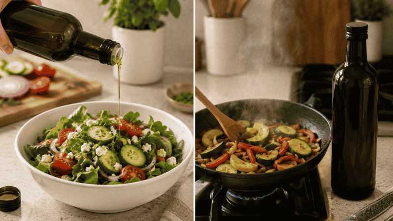 Split scene showing extra virgin olive oil drizzled over a fresh salad on the left for raw finishing, and the same oil used in a hot skillet with sautéing vegetables on the right — the two main kitchen applications