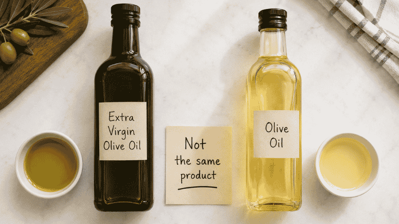 Two bottles side by side — dark glass extra virgin olive oil with golden-green oil and lighter regular olive oil with pale yellow oil — showing that olive oil and extra virgin are not the same product