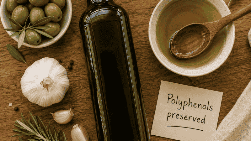 Extra virgin olive oil bottle surrounded by fresh olives, garlic, and rosemary with a dish of golden-green EVOO — representing the polyphenols and heart-health benefits preserved only in unrefined extra virgin olive oil