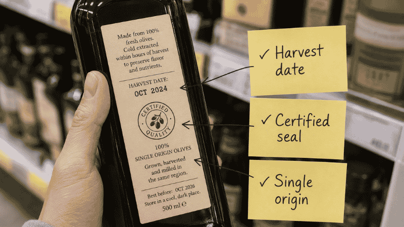 Hand examining an olive oil bottle back label in a grocery store with sticky notes pointing to the harvest date, certification seal, and single origin text — how to buy genuine extra virgin olive oil without getting fooled