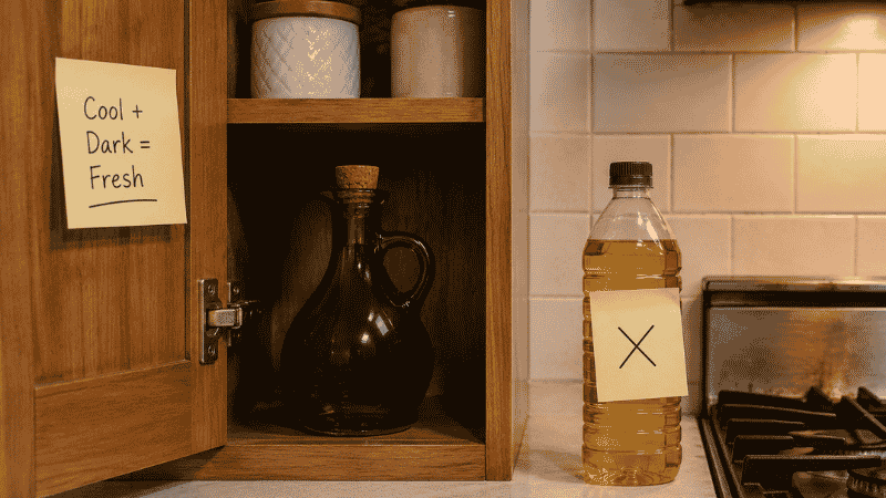 Proper olive oil storage in a cool dark cabinet labeled "Cool and Dark equals Fresh" contrasted with incorrect storage of a clear plastic bottle next to a warm stovetop — how to preserve olive oil and extra virgin quality at home