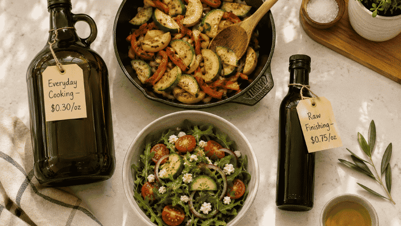 Two olive oil bottles showing the two-bottle system — a large everyday cooking jug at $0.30 per oz and a small finishing bottle at $0.75 per oz — with a skillet and salad bowl showing their different kitchen applications