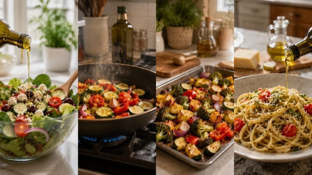 Olive oil being used for salad, sautéing vegetables, roasting, and finishing dishes