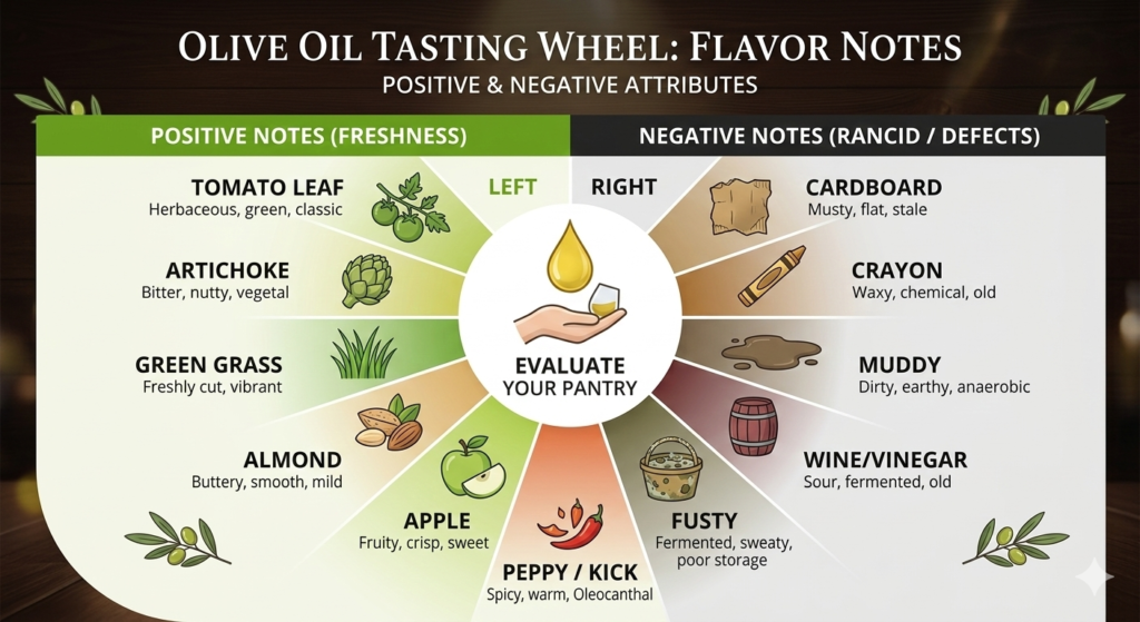 A professional olive oil tasting wheel showing positive notes like tomato leaf and artichoke versus negative rancid notes.