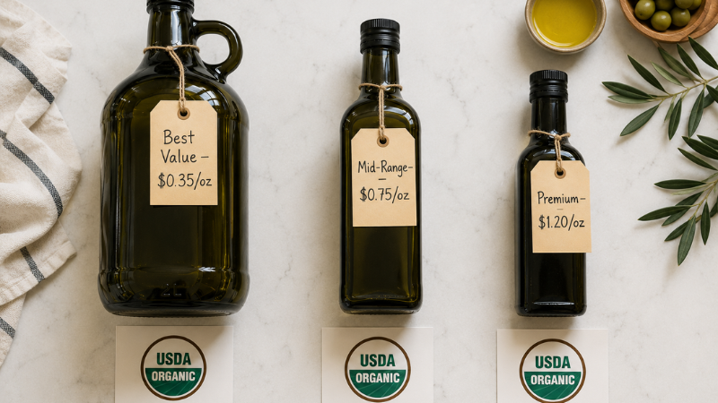 Three organic extra virgin olive oil bottles at three price tiers — best value large jug at $0.35 per oz, mid-range at $0.75 per oz, and premium at $1.20 per oz — with USDA Organic seal cards