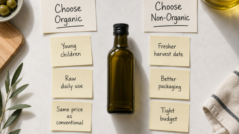Two-column decision framework with handwritten sticky notes showing when to choose organic extra virgin olive oil versus regular EVOO — factors include young children, harvest date, packaging, and budget