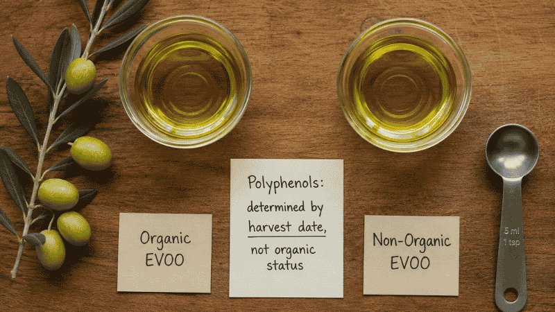Two tasting cups of organic and non-organic EVOO side by side with a note explaining that polyphenol content is determined by harvest date not organic status — the honest health comparison