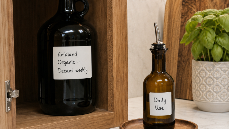 Large organic extra virgin olive oil jug stored sealed in a cool dark cabinet beside a small dark glass cruet filled for daily use — the correct storage system for preserving organic EVOO quality