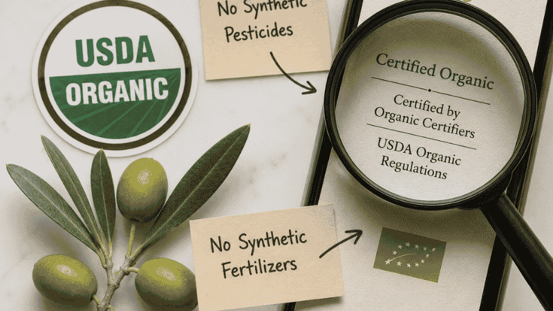 USDA Organic seal with olive branch and annotation cards reading no synthetic pesticides and no synthetic fertilizers — explaining what organic certification actually means on an olive oil label