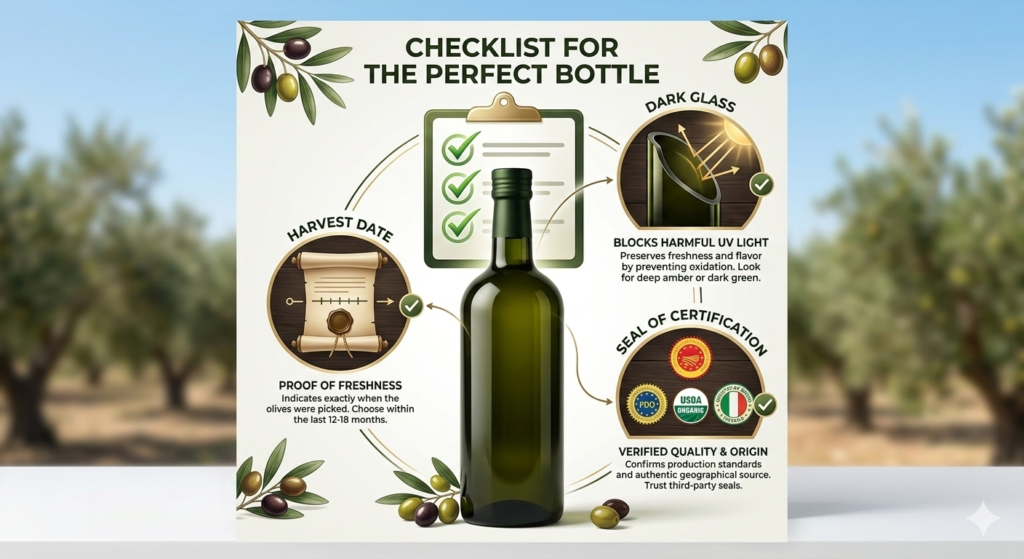Infographic checklist for the perfect olive oil bottle highlighting harvest date, dark glass, and seal of certification.