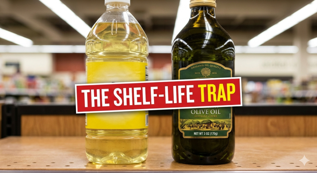 Comparison of olive oil in a clear plastic bottle showing light damage vs a dark glass bottle for better shelf life.