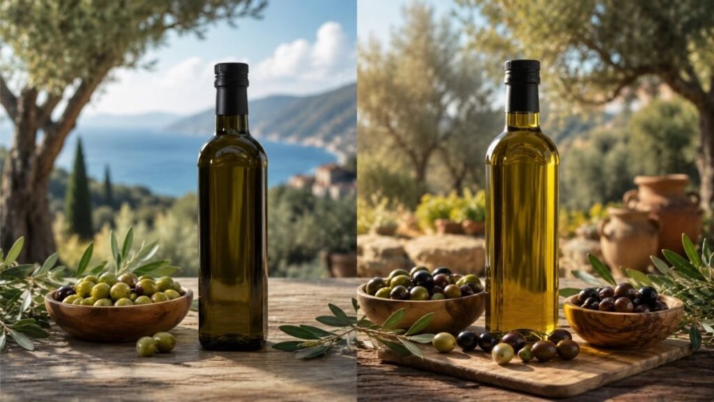 Comparison of single-origin and blended olive oil bottles with Mediterranean olives