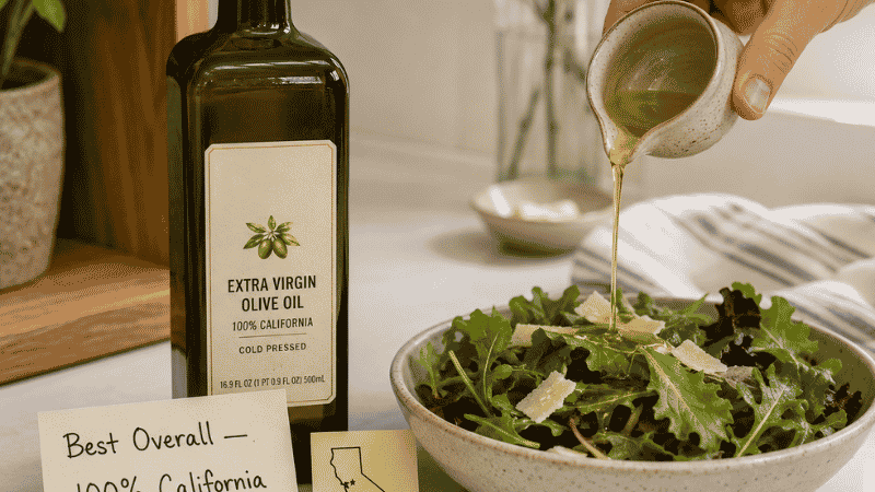 Dark glass bottle of Trader Joe's California extra virgin olive oil beside a salad being drizzled with golden-green oil, with a handwritten best overall card — the top-rated Trader Joe's olive oil pick