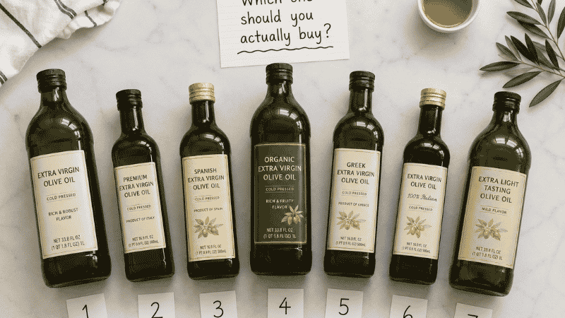 Seven Trader Joe's olive oil bottles arranged in a row with handwritten ranking cards numbered 1 through 7 and a notecard asking which one to buy — a complete ranked guide to every Trader Joe's olive oil option