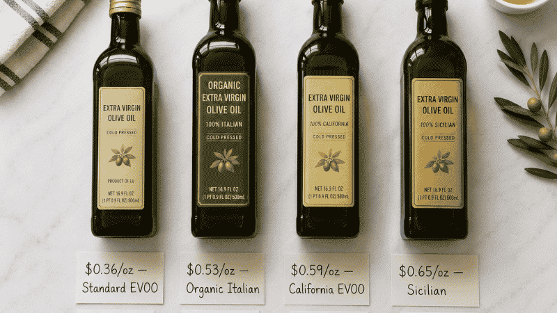 Four Trader Joe's olive oil bottles with price-per-ounce tags from $0.36 to $0.65 and Consumer Reports star rating cards — price and quality comparison of the main Trader Joe's olive oil options
