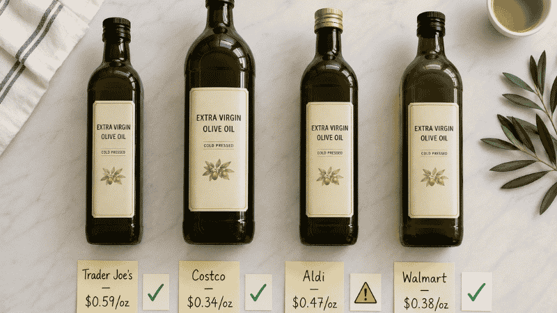 Four olive oil bottles from Trader Joe's, Costco, Aldi, and Walmart side by side with price-per-ounce tags and quality rating cards — is Trader Joe's olive oil worth it compared to other major retailers