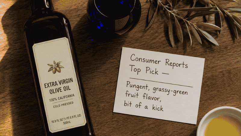 Trader Joe's Sicilian olive oil bottle beside a professional blue tasting cup and Consumer Reports top pick notecard praising its pungent grassy green fruit flavor with a bit of a kick