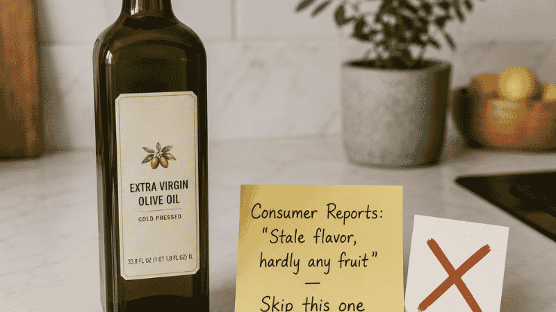 Standard Trader Joe's 33.8 oz olive oil bottle with a handwritten sticky note warning Consumer Reports found it stale with hardly any fruit flavor — the Trader Joe's olive oil to skip