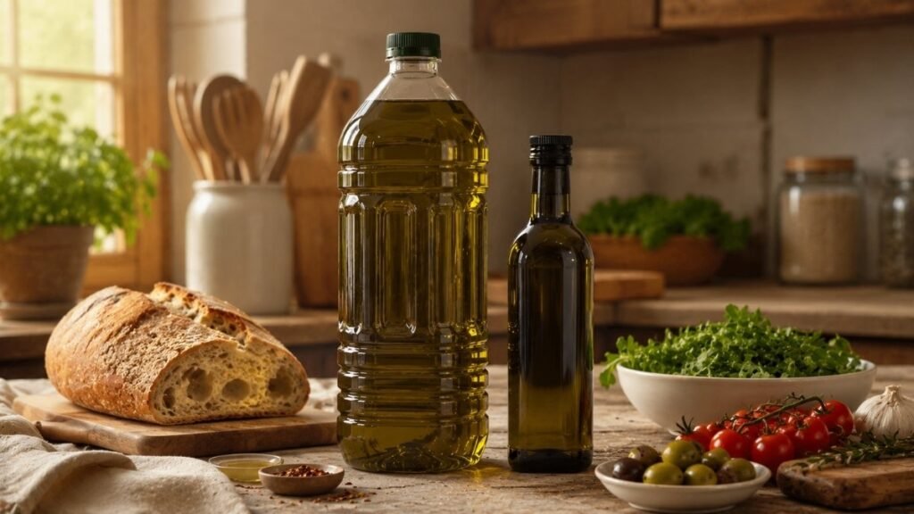 Proper storage of olive oil in a cool dark kitchen cabinet using a small dark glass bottle