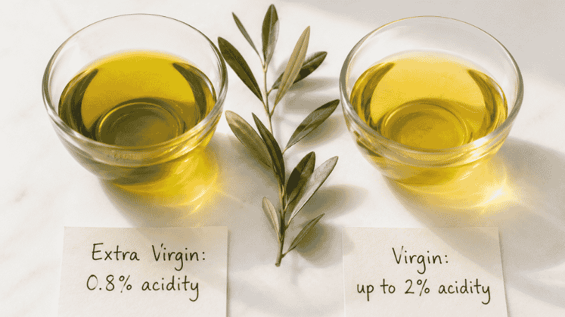 Two olive oil tasting cups side by side — extra virgin at 0.8% acidity and virgin at up to 2% acidity — showing the key chemical difference between the two grades of unrefined olive oil