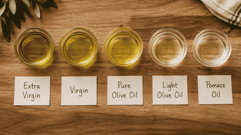 Five small glass ramekins of olive oil in a row showing the color gradient from deep golden-green extra virgin to pale light olive oil — a visual comparison of all five olive oil grades from highest to lowest quality