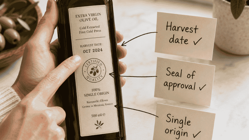 Hand examining the back label of an olive oil bottle with annotation cards pointing to the harvest date, certification seal, and single origin text — how to verify your extra virgin olive oil is genuine