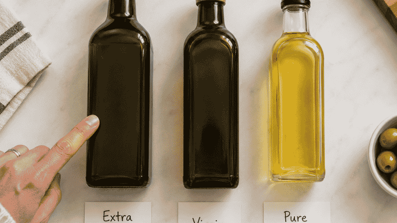 Three olive oil bottles labeled Extra Virgin, Virgin, and Pure Olive Oil standing side by side on a kitchen counter — a visual comparison of the three main olive oil grades at the grocery store