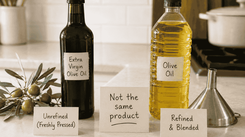 Side-by-side comparison of unrefined extra virgin olive oil with fresh olives versus refined regular olive oil with a blending funnel — illustrating that regular olive oil is a fundamentally different product